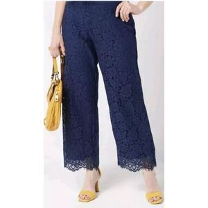 Isaac‎ Mizrahi Live Blue Lace Wide Leg Elastic Waist Pants Career Summer Work SP